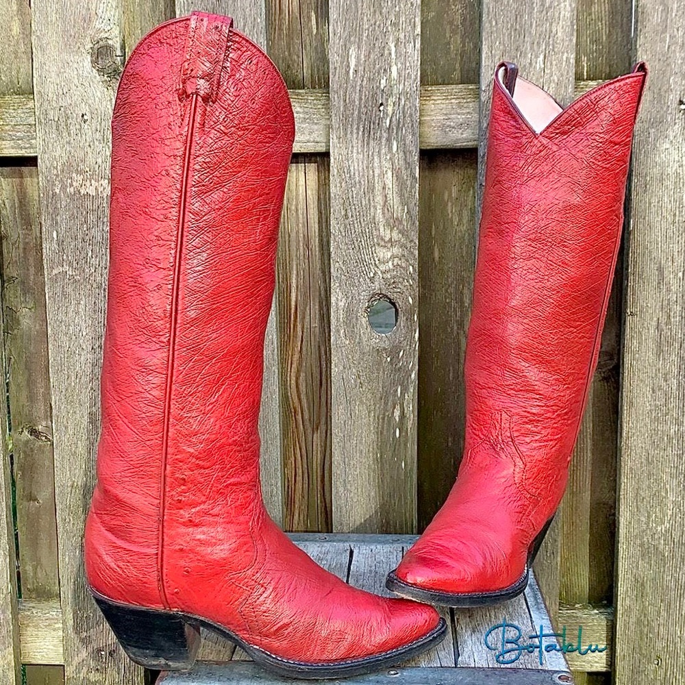 LARRY MAHAN VTG Ostrich Exotic Tall Knee High Red Painted Cowboy Western Boots - Picture 1 of 13